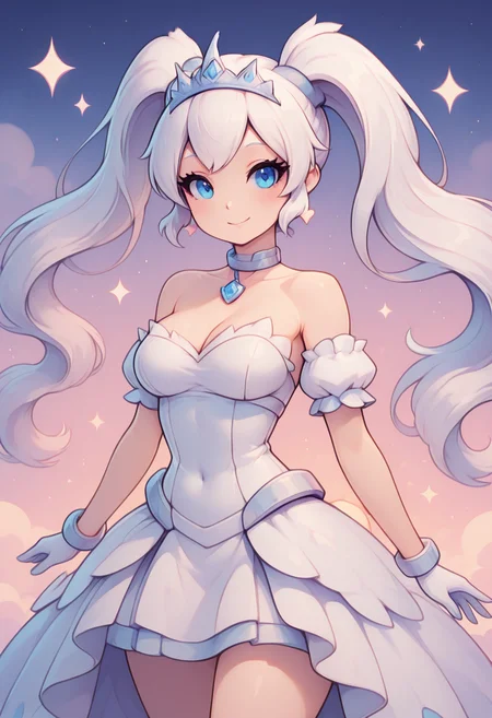 masterpiece, best quality, 1girl, solo, eyelashes, medium breasts, narrow waist,    zzIvoryPrincess, blue eyes, long hair, white hair, twintails,  tiara, white dress, white gloves, strapless dress,   <lora:IvoryPrincess_IXL:1.0>,, solo, looking at viewer, smile, k4w4iim1r41, cute outfit, pastel, <lora:KawaiiMirai_IXL:1.0>,