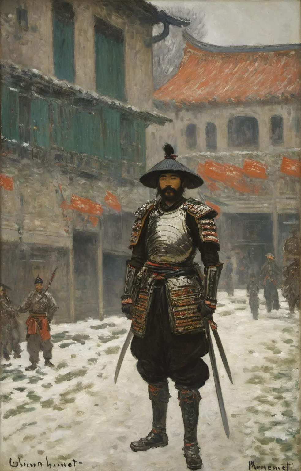 oil painting, dark theme, (urban background:1.2),
(impressionism by monet:1.2), oil painting, chinesee person with facial hair wearing armor, holding sword, solo, sheath, black hair, full body, standing, sheathed, japanese armor, shoulder armor, mustache, boots, (samurai:1.1), topknot, pants,
looking at viewer,
<lora:Monet_V4-000008:1>