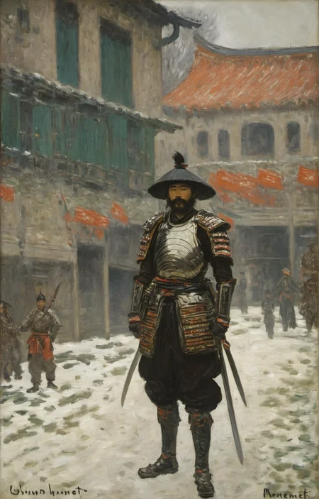 oil painting, dark theme, (urban background:1.2),
(impressionism by monet:1.2), oil painting, chinesee person with facial hair wearing armor, holding sword, solo, sheath, black hair, full body, standing, sheathed, japanese armor, shoulder armor, mustache, boots, (samurai:1.1), topknot, pants,
looking at viewer,
<lora:Monet_V4-000008:1>