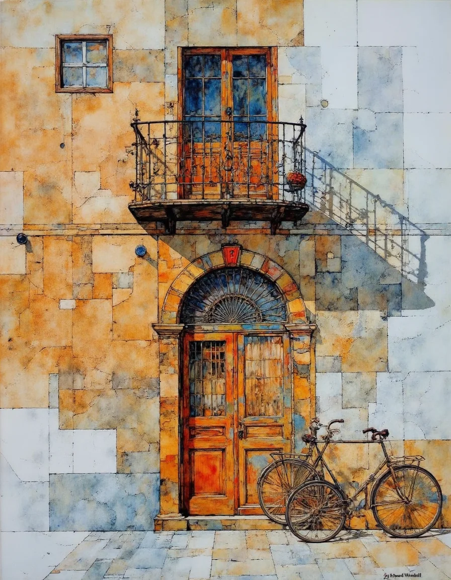 This is a vibrant detailed, impressionistic digital painting, showcasing a charming, rustic scene. The central focus is a wooden door with intricate, decorative ironwork above it. The door is painted in warm, earthy tones of brown and beige, with a hint of red in the hinges and a small red circle near the top. The door is slightly ajar, revealing an arched, metal grillwork design behind it. Above the door, there is a small, ornate balcony with an iron railing, painted in a dark, almost black hue, which adds contrast to the warm colors of the door. The shadow of the balcony is projected on the wall to the right.
To the right of the door, a vintage-style bicycle leans against the wall, its tires and frame rendered in a dark shade with visible spokes. The bicycle's presence adds a touch of modernity to the otherwise traditional scene. The background of the painting features the side of a building, with its texture and colors rendered in a loose, watercolor style, using shades of beige, white, and light brown. The artist's signature, "Windmill," is visible in the bottom right corner.
The overall mood of the painting is tranquil and nostalgic, capturing a moment in time with a blend of traditional and contemporary elements.