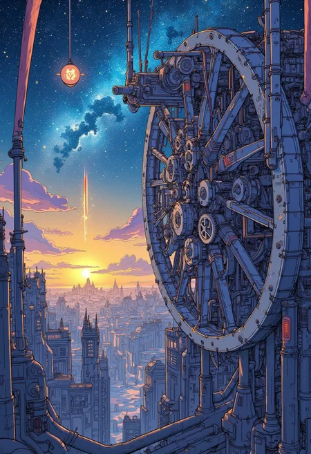 anime, cyberpunk. very detailed, masterpiece, A rotating wheel. Turning an axel. Grinding. Linear gearbox. Falling sky. Seven holy stakes. A portal to another world. A thin rope tied to a thick rope. A torn harness. Parabolic gearbox. Expanding universe. Time controlled by slipping cogwheels. Existence of God. Drowning. A prayer written in blood. Exponential gearbox. A sky of exploding stars. God disproving the existence of God. A wheel rotating in six dimensions. Forty gears and a ticking clock.