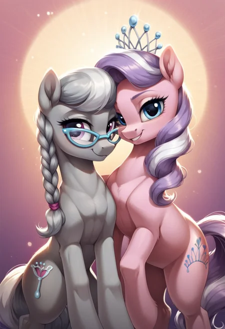 score_9, score_8_up, score_7_up, score_6_up, score_5_up, score_4_up, my little pony, ((feral pony)), Diamond Tiara, Silver Spoon, 2girls, ((duo)), (sexy), beautiful, detailed, (detailed cute pony face), detailed eyes, detailed fur, detailed hooves, beautiful, vector, flat colors, (beautiful long eyelashes), (beautiful hooves), (abstract background:1.8), (looking at you, looking at viewer:1.5), smile, happy, smug, ((close-up)), high angle