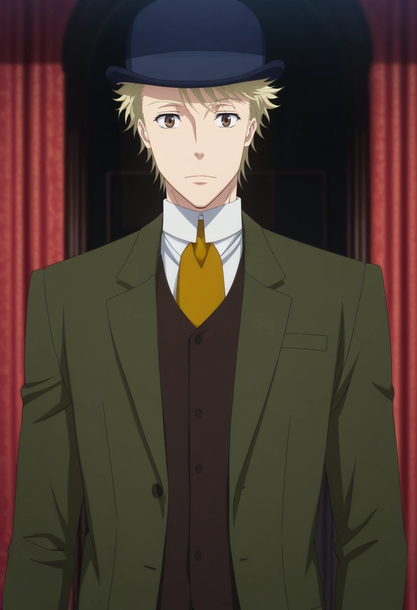 masterpiece, best quality, intricate details, anime screencap, anime coloring, official style, looking at viewer, 1boy, solo, male focus, <lora:john_h_watson_ilxl:1>, john_h_watson, blonde hair, brown eyes, short hair, hat, formal, necktie, suit,