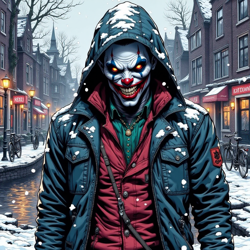 babel-pencil,A menacing figure wearing a snowy hooded jacket, with a sinister, clown-like face featuring sharp teeth and glowing red eyes, stands in a wintery urban environment. Snowflakes gently fall around the scene, showcasing a picturesque canal flanked by traditional Dutch architecture and bicycles. The atmosphere is eerie yet captivating, capturing the contrast between the dark, ominous character and the serene, snowy setting. Emphasize high contrast, vivid colors, and a surreal quality reminiscent of graphic novel art.