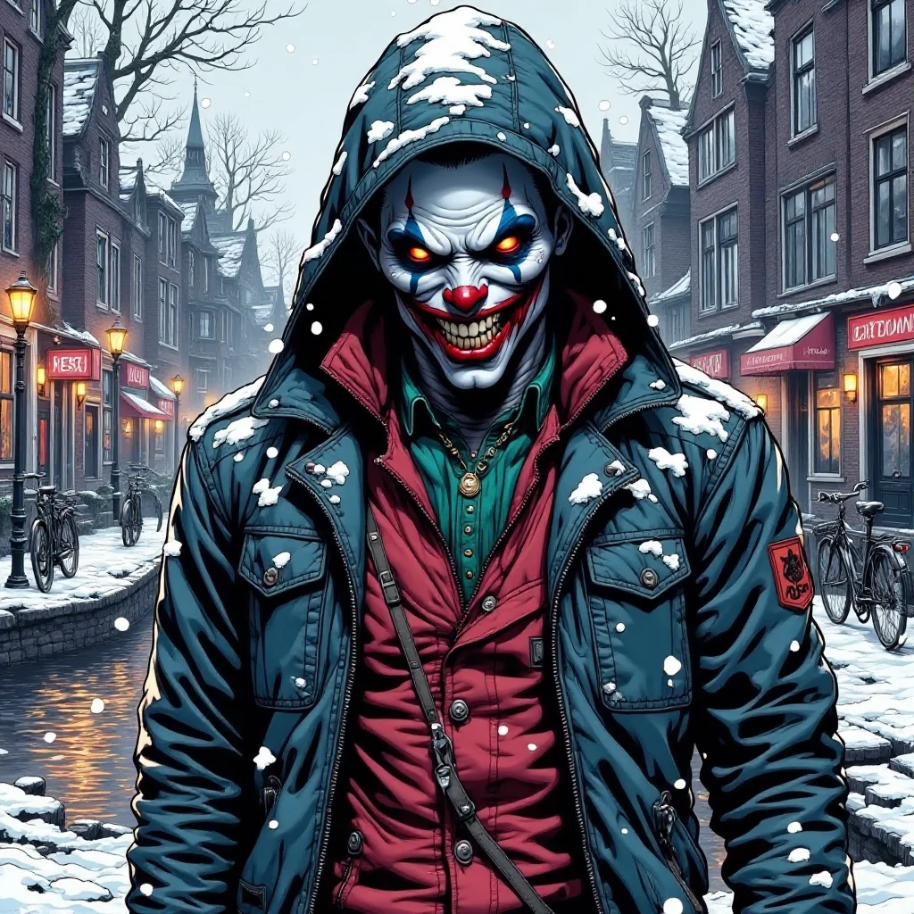 babel-pencil,A menacing figure wearing a snowy hooded jacket, with a sinister, clown-like face featuring sharp teeth and glowing red eyes, stands in a wintery urban environment. Snowflakes gently fall around the scene, showcasing a picturesque canal flanked by traditional Dutch architecture and bicycles. The atmosphere is eerie yet captivating, capturing the contrast between the dark, ominous character and the serene, snowy setting. Emphasize high contrast, vivid colors, and a surreal quality reminiscent of graphic novel art.
