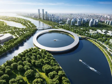 The image depicts a stunning aerial view of a modern cityscape situated by a large river. There are multiple bridges spanning across the river, connecting different parts of the city. On the left side, there's a dense cluster of skyscrapers, while the right side showcases a mix of residential buildings and green spaces. A unique pedestrian bridge with a circular design is prominently featured in the foreground, allowing pedestrians to cross the river. The river itself is calm, reflecting the clear blue sky above. A few boats are seen sailing on the water. The overall ambiance is serene, with the juxtaposition of urban development and natural beauty creating a harmonious setting.<lora:binshui-000025:0.6>