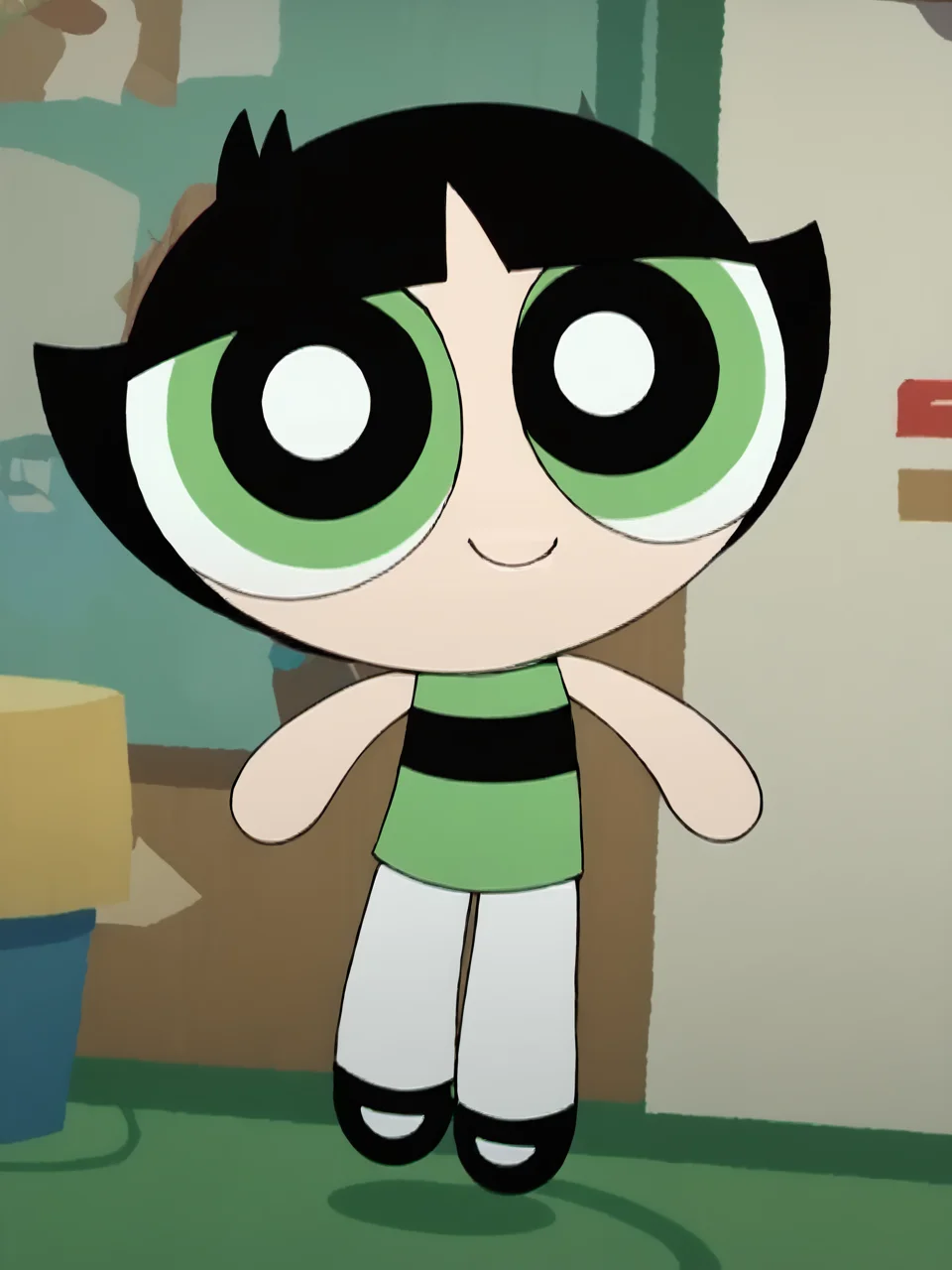 score_9, score_8_up, score_7_up, score_6_up, BREAK, PowButt3rcup, 1girl, solo, smile, black hair, chibi, green shirt, striped shirt, black footwear, white pantyhose, <lora:Buttercup:1>
