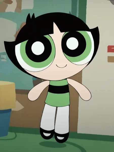 score_9, score_8_up, score_7_up, score_6_up, BREAK, PowButt3rcup, 1girl, solo, smile, black hair, chibi, green shirt, striped shirt, black footwear, white pantyhose, <lora:Buttercup:1>