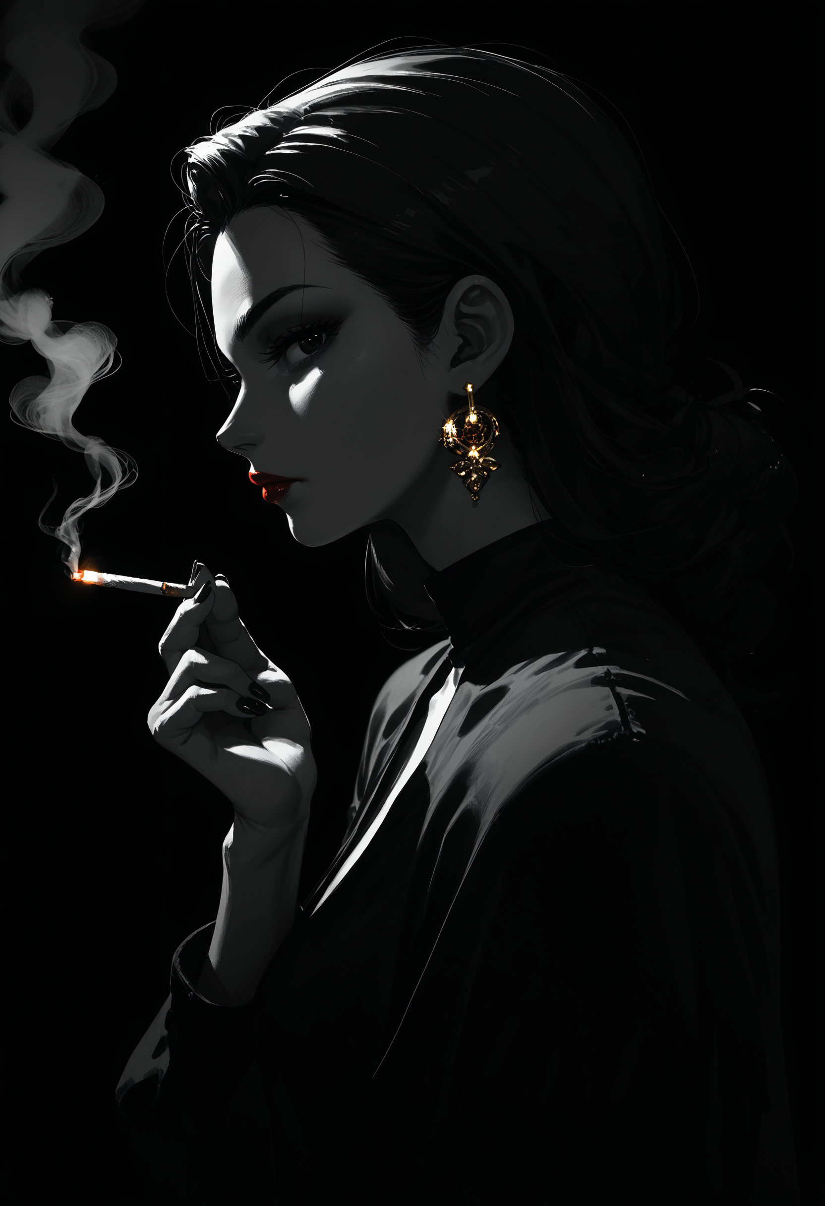 score_9, score_8_up, score_7_up, score_6_up, <lora:dark_v1.9-pony:1.0> 
dark theme, dim light, black theme, 
1girl, smoking, profile, red lips, holding cigarette, silhouette, gold earrings, looking at viewer, black eyes,
