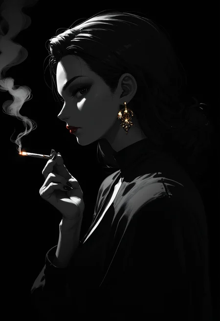 score_9, score_8_up, score_7_up, score_6_up, <lora:dark_v1.9-pony:1.0>
dark theme, dim light, black theme,
1girl, smoking, profile, red lips, holding cigarette, silhouette, gold earrings, looking at viewer, black eyes,