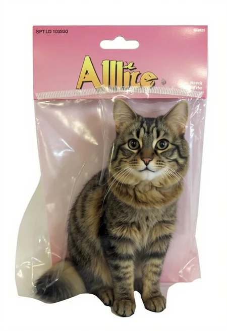 The image is a photograph of a packaged action figure with the title "Allie", of a fluffy, medium-sized cat named Allie with a mottled coat featuring dark brown and black tabby stripes.