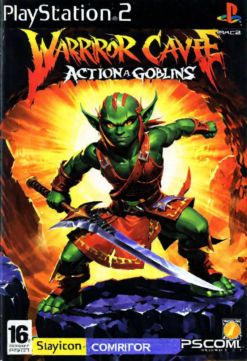 (Ps2 cover disk:1.0),warrior fighting and goblins in cave a Text title "action fight",