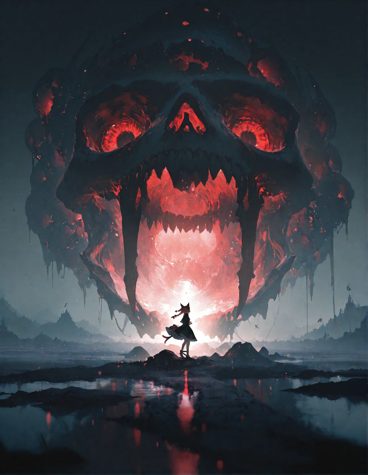 rella, rolua, negative space, cinematic shot, very awa, masterpiece, highres, absurdres, newest, wide shot, ,slimes_skullwm,made of skulls,kaenbyou_rin_(cat), touhou, 1girl, pink_hair, red_eyes, solo,<lora:SlimesSkullWM:1> <lora:ponyv5_noobE11_1_adamW:0.7> <lora:illustrious_noobai_epsilon_pred_11_very_aesthetic_v1:0.7> ,