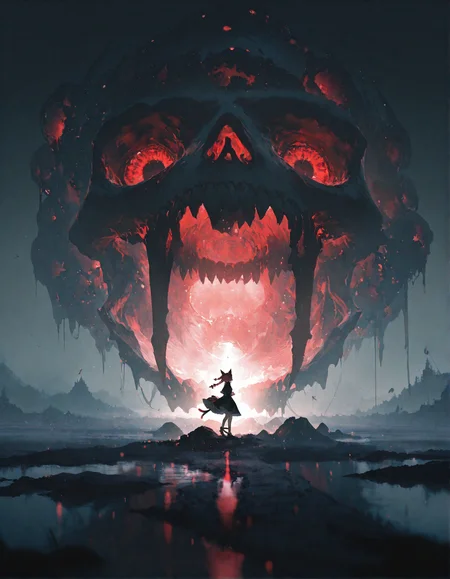 rella, rolua, negative space, cinematic shot, very awa, masterpiece, highres, absurdres, newest,  wide shot, ,slimes_skullwm,made of skulls,kaenbyou_rin_(cat), touhou, 1girl, pink_hair, red_eyes, solo,<lora:SlimesSkullWM:1> <lora:ponyv5_noobE11_1_adamW:0.7> <lora:illustrious_noobai_epsilon_pred_11_very_aesthetic_v1:0.7> ,