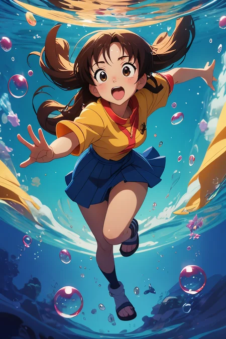 anime key visual, 1 girl fullbody, solo, symmetrical face, front view, looking at camera, shocked, waved hair, covered one eye, surrounded by bubbles, floating in the air, glowing, masterpiece, best quality , dreamy, Azumanga Daioh