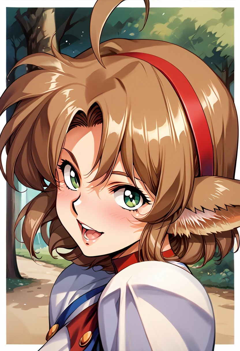 score_9, score_8_up, score_7_up, score_6_up, score_5_up, score_4_up, score_9, score_8_up, score_7_up, (best quality) , (highly detailed) ,((masterpiece)), ((best quality)), (ultra-detailed), ((extremely detailed)), (high resolution), 4K, (8K), best quality, (beautiful), (dynamic lighting), (super detailed skin), sharp focus, (1_girl, solo focus), (score_9,score_8_up,score_7_up,source_anime,(masterpiece:1.2), 
Noa riads, 1girl, solo, breasts, blush, smile, Medium hair, brown hair,, fluffy tail, ahoge, animal ears, dog ears, medium breasts, swept bangs bedroom, green eyes, animal ears, tail, tail, animal ears, tail,
 clothing cutout, zettai ryouiki, purple thighhighs, red footwear, high heels, 1990s (style), retro artstyle,  standing, dynamic pose , open mouth, blush,light smile looking at viewer,(upper body, close-up,:1.3), outdoors,, score_9, score_8_up, score_7_up, best quapoty, highres, absurdres, source_anime, zPDXL3, 1girl,solo