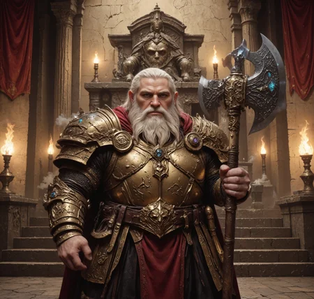 Create a detailed and immersive portrait of a mighty dwarven king standing proudly in his grand hall. The king exudes strength, wisdom, and leadership, his imposing figure clad in intricately crafted armor that blends form and function with an artistic flair. The armor is predominantly gold and crimson, with ornate engravings of runes and mythical creatures such as dragons and gryphons. The chest plate features a lion's head emblem, symbolizing courage and power, while the pauldrons are adorned with gleaming gemstones that shimmer under the warm glow of torchlight. The king's facial expression is one of quiet authority, with piercing, steely eyes framed by a deeply lined, weathered face that speaks of countless battles fought and hard-earned victories. His long, braided white beard flows down his chest, complementing his equally long and well-groomed hair. His beard is adorned with golden clasps engraved with runes, signifying his royal lineage and the wisdom of his ancestors. In his right hand, the king wields a magnificent two-headed war axe, its design a masterpiece of dwarven craftsmanship. The axe features a polished steel blade with intricate carvings that glow faintly with magical energy, hinting at its enchanted nature. The handle is wrapped in fine leather, providing a sturdy grip, and is capped with a brilliant blue gemstone embedded in the hilt, pulsing with a mystical aura. The background is a grand dwarven hall, bathed in the warm, golden light of numerous torches and a central brazier. The stone walls are carved with intricate patterns and murals depicting legendary battles and the heritage of the dwarven people. Massive stone columns rise to support the vaulted ceiling, each adorned with banners in the royal colors of red and gold. Behind the king, a majestic throne of stone and gold sits atop a raised platform, flanked by banners and lit by flickering sconces. The lighting of the scene is dramatic, highlighting the metallic gleam of the armor and axe while casting deep shadows that add depth and gravitas to the setting. Subtle reflections dance across the polished surfaces of the armor and gemstones, creating a dynamic interplay between light and shadow. The composition emphasizes the king’s commanding presence, with the perspective slightly below eye level, making him appear even more imposing. His left hand rests firmly on the hilt of the axe, while his posture is upright and resolute, embodying the unyielding strength of his people. Around him, the air seems heavy with the weight of his responsibility, yet there is also a sense of pride and honor that radiates from his demeanor. Subtle details enrich the scene: the faint smoke rising from the brazier, the soft hum of magic emanating from the axe, and the delicate engravings on the throne and armor. This is a moment frozen in time, capturing the essence of a ruler who is both warrior and leader, a protector of his people and a symbol of their unshakable resolve.