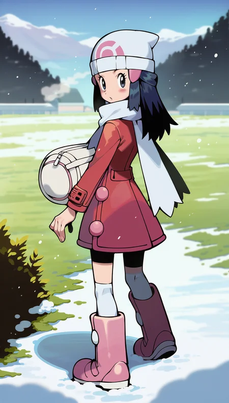 score_9,score_8_up,score_7_up,
highres,highly detailed,
<lora:hikaridawn:0.9>,
hikaridawn,
1girl,solo,
navy blue hair,long hair,
looking at viewer,parted lips,(steam:1.2),blush,
white beanie,pink hair clips,red overcoat,white scarf,white shoulder bag,
white kneehighs,light pink boots,
full body,standing,back view,
blurry background,vignetting,outdoors,snowfield,snow,winter,footprints,light particles,snowing,mist,fog,wind,