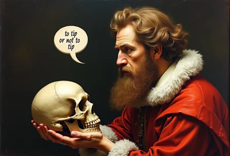 Hamlet holding a skull looking at it with a speech bubble next to him ((saying “to tip or not to tip”)), detailed, realistic