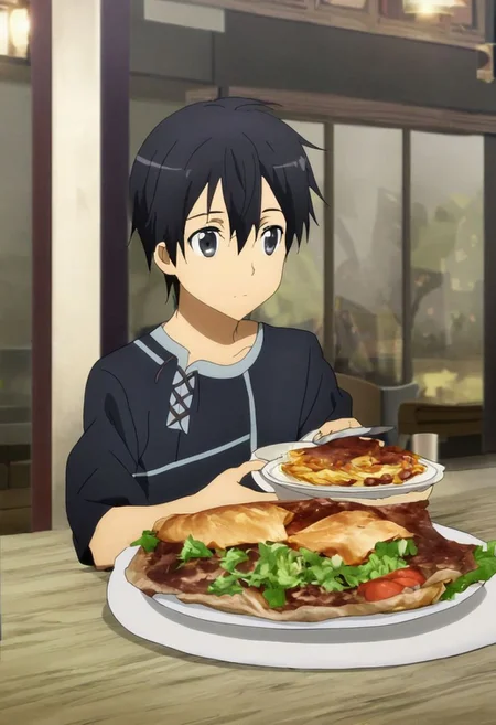 high resolution, solo, best quality, 1Boy, Kazuto Kirigaya, Black Hair, Black Eyes, dating, romantic, dinner, OverallDetail