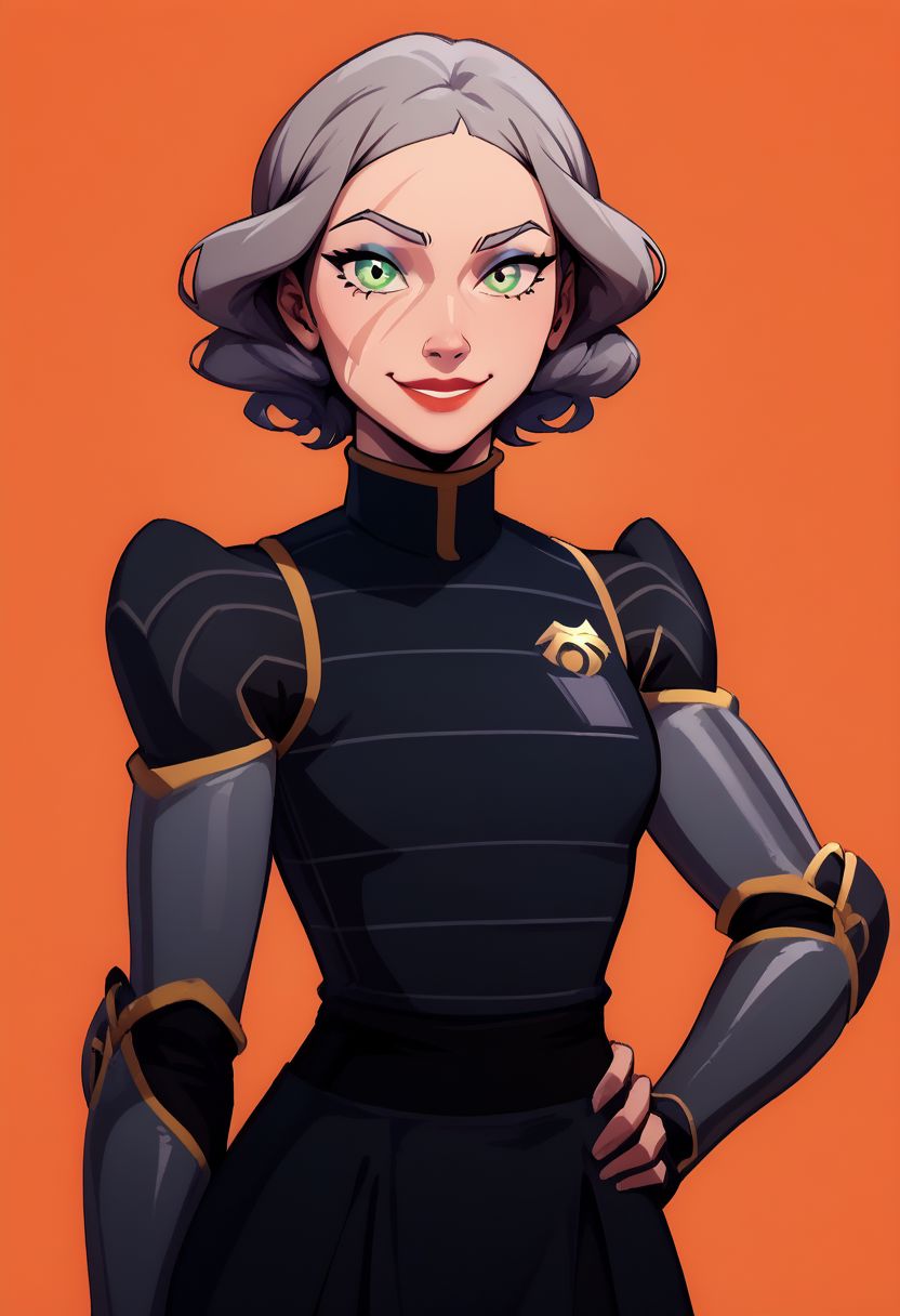 score_9, score_8_up, score_8, medium breasts, (curvy), cute, eyelashes,     
rating safe, 
BREAK, 
aaLinBeiFong, armor, short hair,  green eyes, grey hair, black uniform, makeup, scar, hand on hip, lipstick, 
,BREAK, 
smile, looking at viewer, upper body, 
abstract background, 
zPDXL, Expressiveh p4st3lg0r3