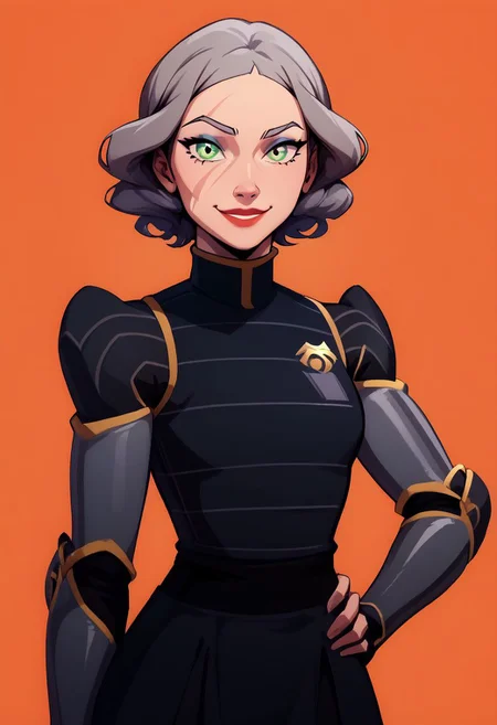 score_9, score_8_up, score_8, medium breasts, (curvy), cute, eyelashes,
rating safe,
BREAK,
aaLinBeiFong, armor, short hair, green eyes, grey hair, black uniform, makeup, scar, hand on hip, lipstick,
,BREAK,
smile, looking at viewer, upper body,
abstract background,
zPDXL, Expressiveh p4st3lg0r3