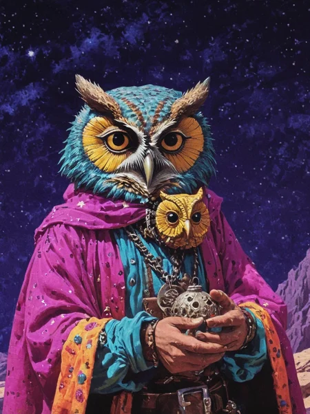 1970's dungeons and dragons dark fantasy artstyle, a merchant, dressed in bright and colorful clothing, owl mask, holding an amulet, starry sky , grain, cinematic, realistic, photo <lora:dark_fantasy:1>