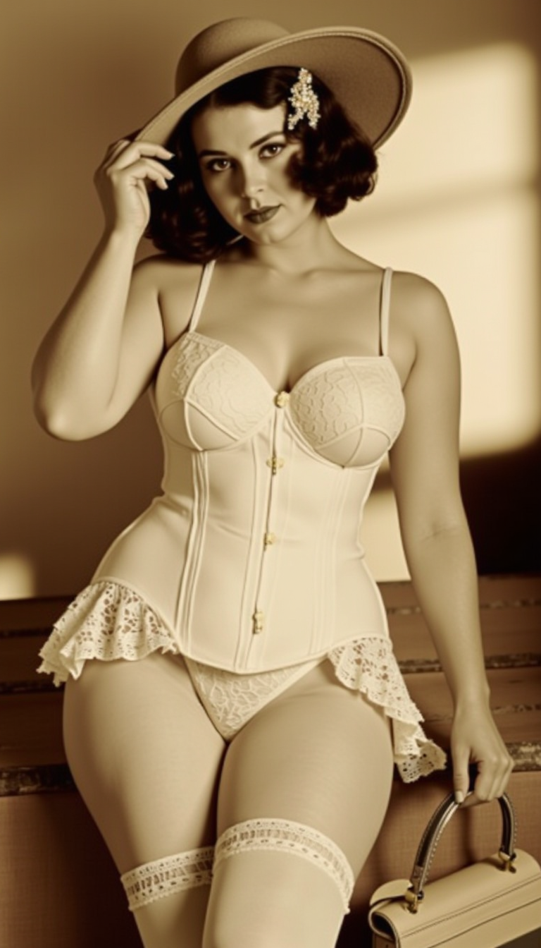V1nt4g3.This is a black and white photograph from the late 19th or early 20th century, featuring  a young woman with a classic, She has fair skin and striking, dark, wavy hair styled in a 1920s bob with a delicate, jeweled hair clip on the left side. vintage aesthetic. Her breasts, which are medium to large in size, are partially covered by a white lace corset that cinches her waist, giving a curvy silhouette. She wears matching white, lace-trimmed thigh-high stockings and one white lace garter on her left thigh. The corset and stockings are adorned with delicate, intricate lace patterns. . She is accessorizing with a small, light beige handbag with a structured design and a visible logo on the front, possibly a Chanel bag. Her right hand is casually holding the hat's brim, while her left hand rests on her hip, giving a confident, elegant posture. The lighting is soft and natural, highlighting the textures of her dress and the smoothness of her hat. The overall aesthetic of the image is chic and modern, with a focus on high-end fashion and classic style. The background is softly blurred, with a warm, golden light illuminating the scene. The lighting creates a soft glow, enhancing the vintage feel of the photograph. T nostalgic, glamorous atmosphere. The texture of the lace on her dress and the smoothness of her skin contrast with the soft, blurred background, making her the focal point of the image. The photograph has a slightly grainy, vintage film effect, adding to the nostalgic charm.
