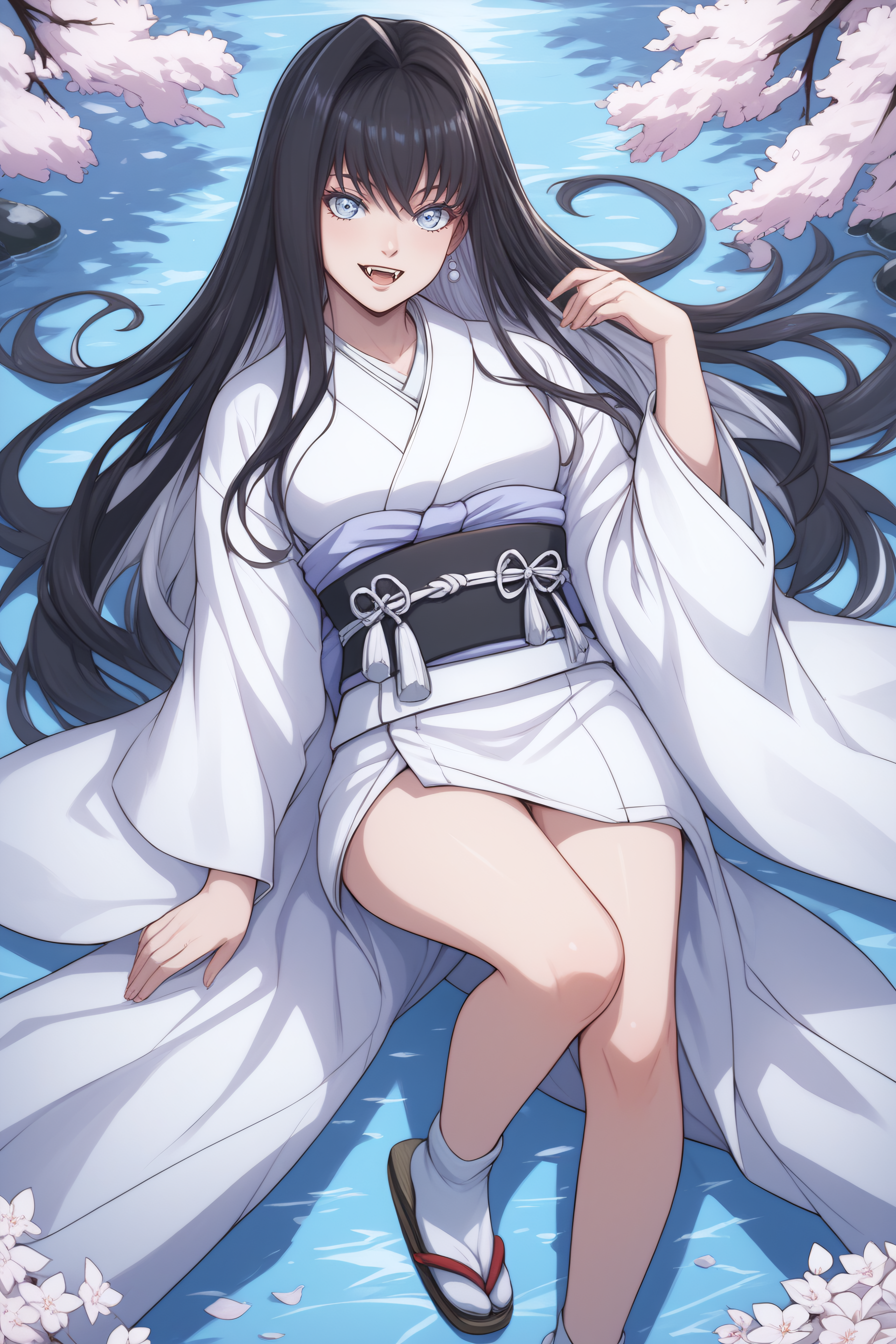 score_9, score_8_up, score_7_up, BREAK, source_anime, <lora:Yuki Onna-PonyXL-lora-Faxtron:0.8> yuki onna, light blue eyes, black hair, multicolored hair, long hair, medium breasts, fangs, japanese clothes, white kimono, sash, obi, socks, sandals,