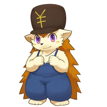 furry, kemono, hedgehog, cute, zPDXL2, zPDXLpg, zPDXL, hat with yen sign, male, smile, solo, purple eyes, look at viewer, simple background, short height, short man, fat leg, fat body, full body, digital art, highly detailed, simple background, white background, japanese male fashion
