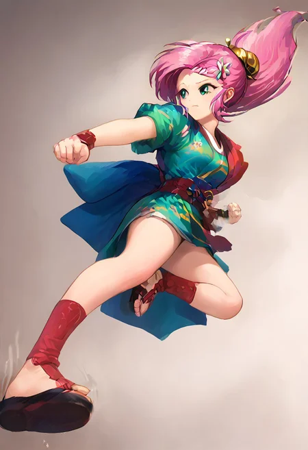 SFW, rating_all, score_10, score_8_up, score_7_up, Equestria girls, (((human))), 1female, (((solo))), (((Fluttershy) cosplaying) as Ayame), short hair, bangs, (pink hair), hair ornament, short sleeves, sidelocks, japanese clothes, kimono, hair bun, (aqua eyes), sash, obi, sandals, single hair bun, rope, hair stick, short kimono, platform footwear, ankle wrap, slender, jumping_kick, kicking, from below, detailed, vector, flat colors