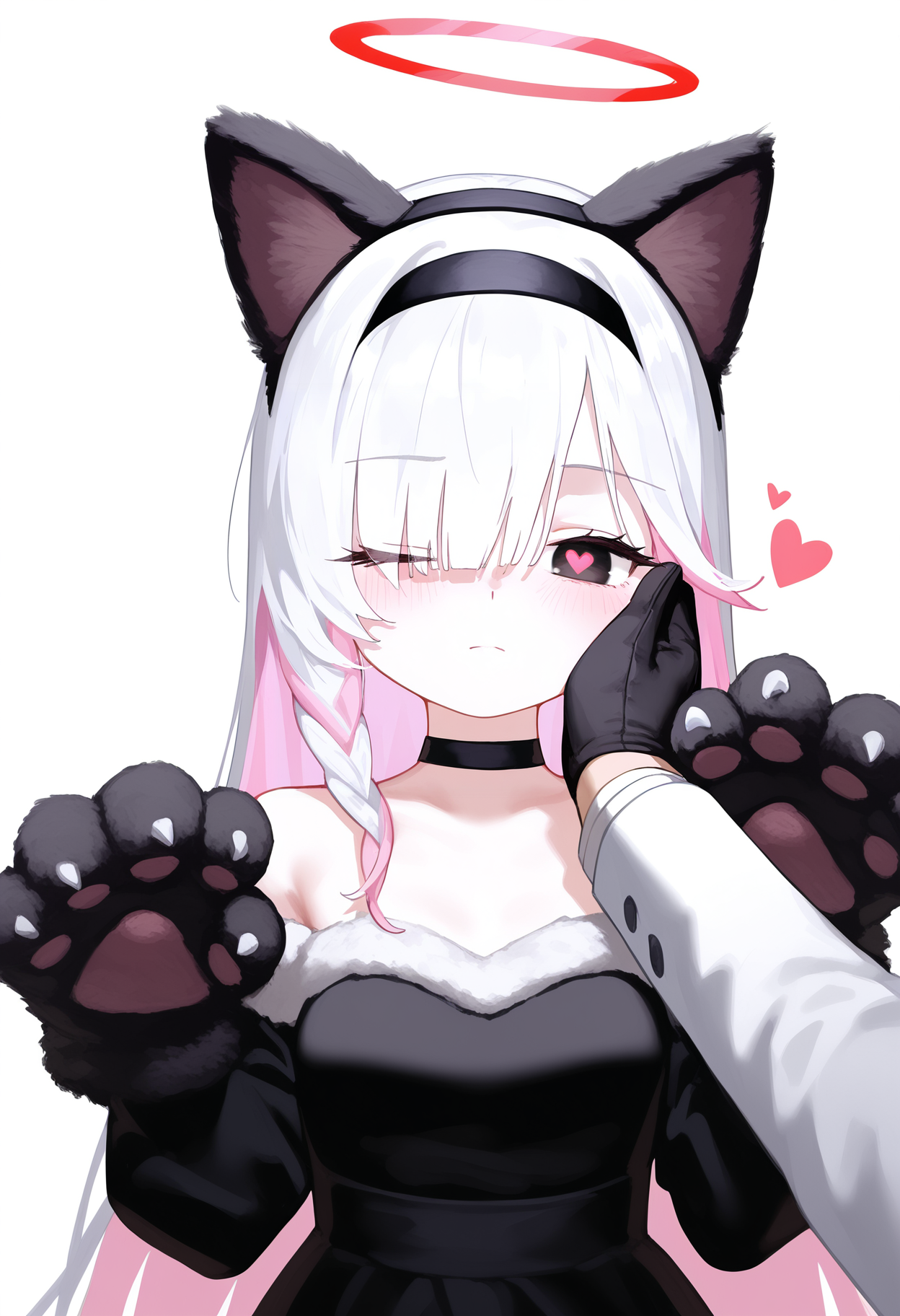 masterpiece, best quality, good quality,
plana \\(blue archive\), 1girl, medium breasts, black dress, long hair, simple background, long sleeves, white background, gloves, animal ears, closed mouth, bare shoulders, tail, upper body, white hair, pink hair, multicolored hair, heart, hairband, wings, one eye closed, black gloves, alternate costume, choker, solo focus, cat ears, hair over one eye, black eyes, halo, symbol-shaped pupils, fur trim, fake animal ears, black choker, heart-shaped pupils, black hairband, 1other, colored inner hair, animal hands, pov hands, hand on another's face, paw gloves, red halo, hand on another's cheek, red pupils
<lora:flutecocktail_ill_v2:1>