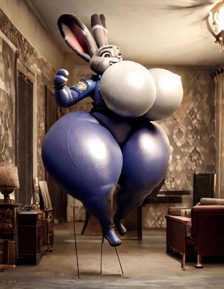 judy hopps, lagopmorph, leporid, zootopia, breast expansion, detailed background, living room, living inflatable, floating, tethered, blimptits, hyper hips, hyper thighs, <lora:Inflation071BB95:0.8>