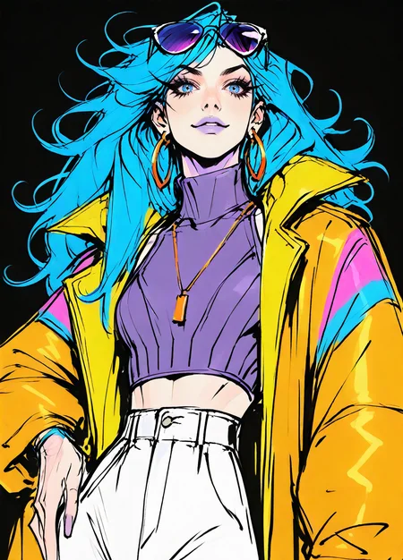 masterpiece, best quality, amazing quality, very aesthetic, high resolution, ultra-detailed, absurdres, newest, 1girl, while hair, long bang, messy hair style, shoulder-length hair, high fashion, confident, smug, blue eyes, pink lips, purple round sunglasses, sunglasses on head, eye liner, long eyelashes, purple lips, yellow coat, high-collar coat, necklace, purple knit turtle neck, white pants, large earrings,
hoop earrings, midriff, athletic body, BREAK pitch black background with diagonal orange blue stripes , upper body, hand on hip, soft light from offscreen, teal rim light, <lora:ponyv6_noobV1_2_adamW-000017:0.45> <lora:Elegence_Niji:0.85> <lora:Rough_around_Edges_r1-000019:0.75> <lora:Detailer_NoobAI_Incrs_v1:0.59> <lora:PRSNL-4:0.4> <lora:fenn_neoncolor:0.8>