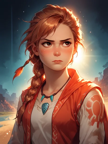 <lora:Space_sdxl:0.5>, score_9, score_8_up, score_7_up,
landscape, shadows, synthwave,
1girl, long hair, brown hair, single braid, annoyed, blushed, shy, brown eyes, look away,
soft light skin, red vest, white shirt, long sleeves, blue skirt,
light particles, lined lighting, in misty fog, dark fog background,
pelt cape, shiny skin, beautiful face, cute and sexy, torches, dusk,
tribal, tribal necklace, tribal bodypaint, dynamic angle, tilted angle, adorable, dirt, misty god-rays, teal and orange, textured skin,
ImgFixerPre0.3,
<lora:fshreln-xl-v2-32:0.7>, <lora:Fant5yP0ny:0.7>, <lora:ArielPonyXL_character:0.7>,
<lora:perfection style:0.6>,
<lora:Expressive_H-000001:0.7>,
<lora:Lilandava_PDXL:0.6>,
<lora:SDXLHighDetail_v5:0.6>,
<lora:Smooth Anime Style LoRA XL>, <lora:20240205-1707134498512:0.7>, <lora:Flashfire_Glowing_Runes_PonyXL:0.5>,