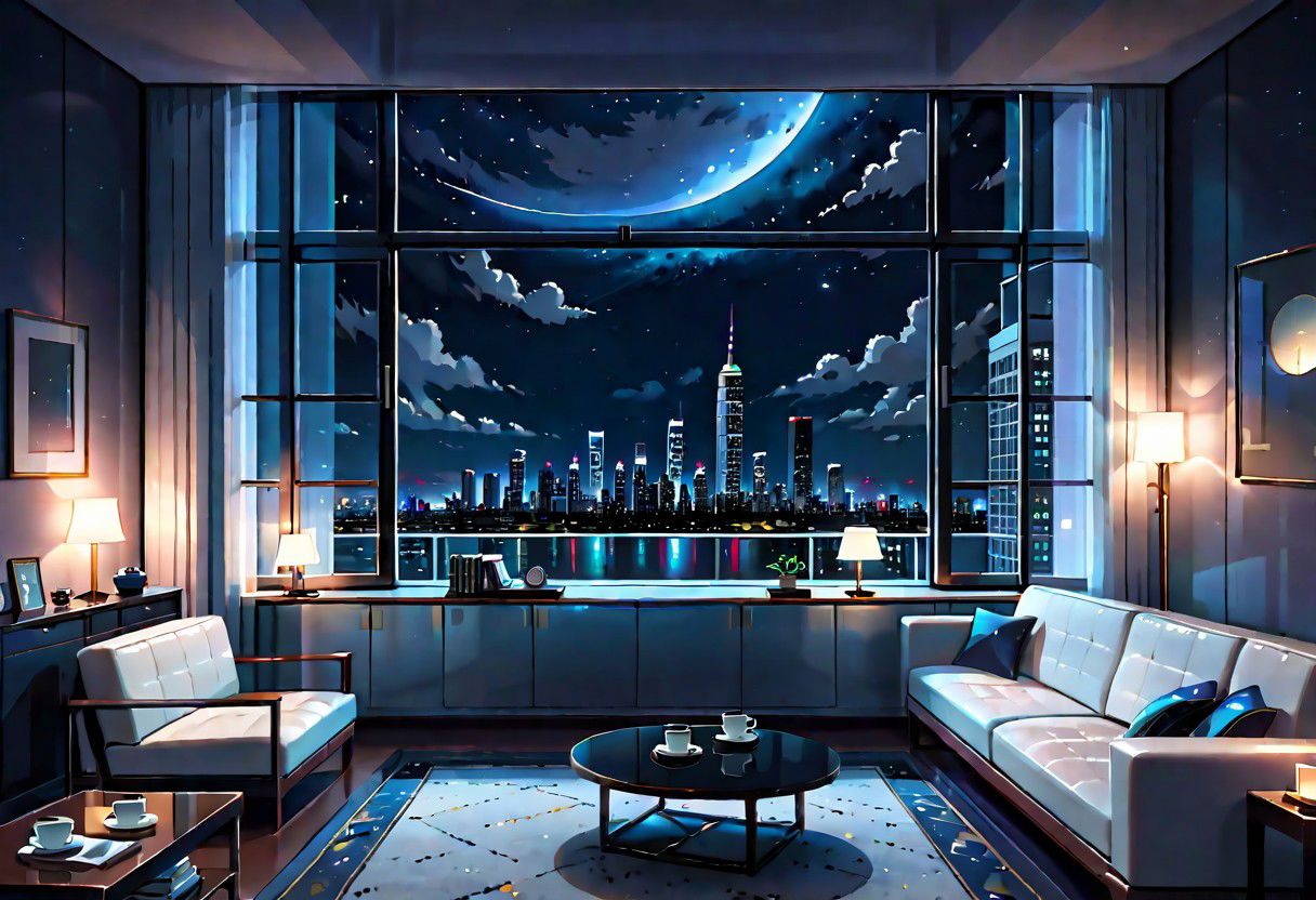 ((front view)), Shallow scene, ((animation style)), modern-style interior, with white walls, (large windows), a  study, Sofa, coffee table, bookcase, single wall, (dark room), Turn off ceiling lighting, Turn off the indoor lights , quiet and mysterious night sky, starry sky, moonlight, city night view, (City high-rise building scenery), (City scenery outside the window)