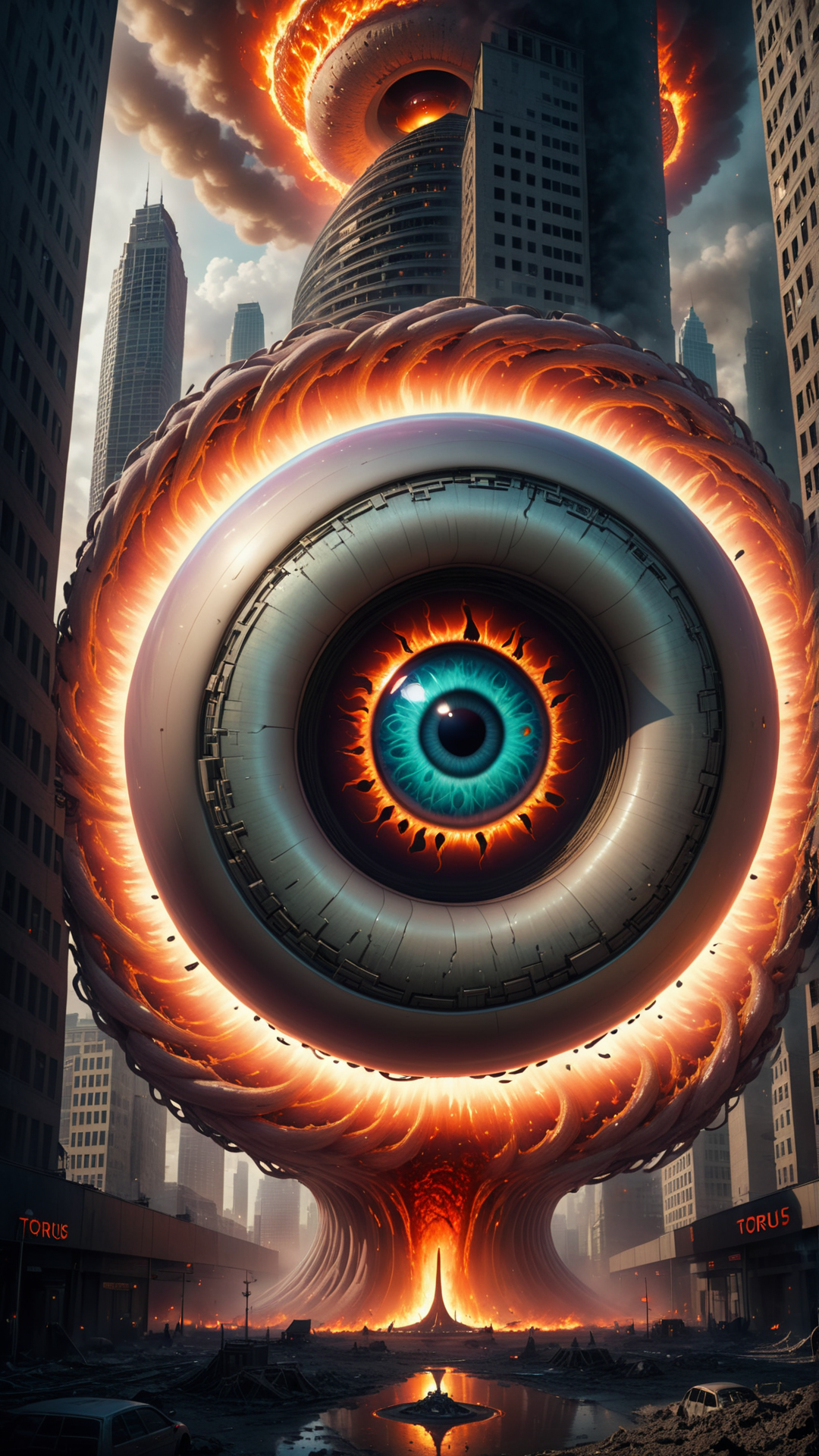 a single huge tight Torus appears from the ground of the city, (in the middle of the torus is a highly detailed and sinister eyeball:1.5). Under the torus flames erupt from the ground.  The torus is covered by buildings and structures from the city. The scene is cinematic, dramatic and like from a sci-fi movie