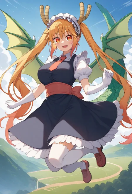 score_9, score_8_up, score_7_up, professional anime,1girl,solo,(tohru from to kobayashi-san chi no maid dragon),Tohru_(Maidragon),orange_eyes, slit_pupils, blonde_hair, long_hair, gradient_hair, twintails, large_breasts, dragon_girl, dragon_horns, dragon_tail, maid_headdress, blue_dress, red_necktie, puffy_short_sleeves, white_gloves, elbow_gloves, collared_shirt, frills,green dragon wings on the back, flying through a beautiful sky,full body