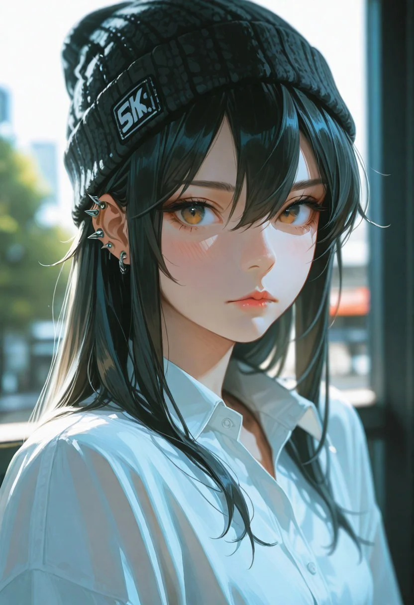 masterpiece, ultra-HD, cinematic lighting, photorealistic, impressionism (1.5), high detail, depth of field, (blurred background), (dramatic lighting),masterpiece, best quality, very aesthetic,8k,masterpiece, best quality,realistic, masterpiece, best quality, 8k,
, simple_background, ,
, half close-up, sexy pose,
blushing, asian girl, small head, pretty girl, korean girl,
((slim body)), (small breasts), Dynamic angle, Dynamic pose,
ear piercings, Nswf, , portrait,
,
score_9,score_8_up,score_7_up, 1girl, alternate costume, beanie, black hair, black hat, brown eyes, collared shirt, earrings, hair between eyes, hat, long hair, looking at viewer, portrait, shirt, sidelocks, solo, spiked ear piercing, spikes, , white shirt