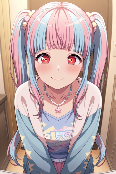 masterpiece, best quality, amazing quality,
<lora:PAREO_IL:1> pareo, 1girl, pink hair, multicolored hair, jewelry, solo, twintails, smile, necklace, bangs, blush, blue hair, indoors, blunt bangs, long hair, star (symbol), jacket, red eyes, casual