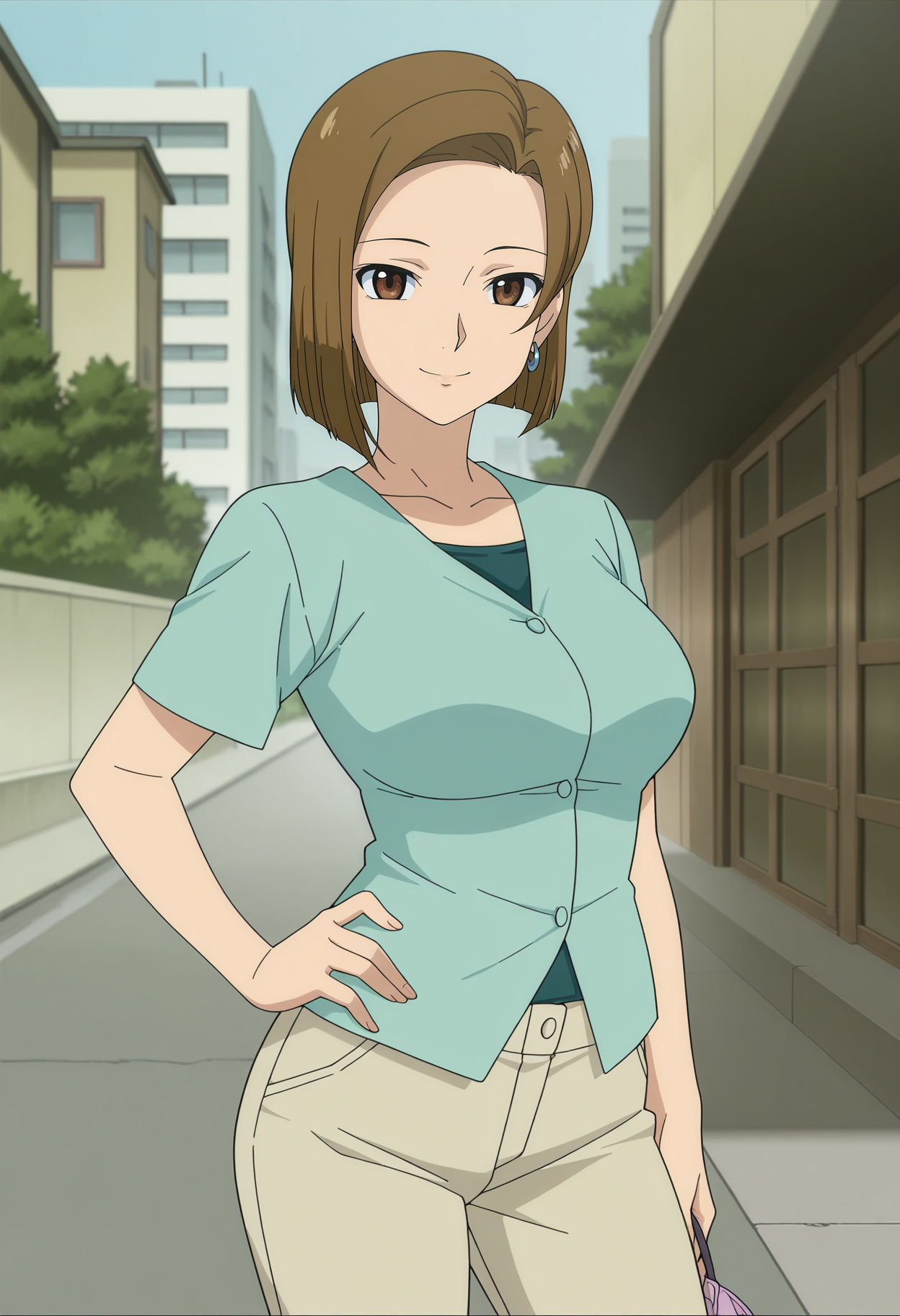 1girl,solo,Kinue,mature female,brown hair,short hair,brown eyes,earrings,anime coloring,
shirt,pants,cowboy shot, hand on own hip, looking at viewer, smile, outdoors, 
,masterpiece,best quality,amazing quality,<lora:Kinue_Crossroad-Mobile_Suit_Gundam_00:0.8>
