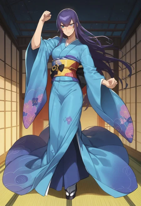 score_9, score_8_up, score_7_up, black bow tie, saeko_busujima, purple hair, blue eyes, long hair, hair between eyes, japanese clothes, multicolored kimono, obi, sash, blue kimono, wide sleeves, fighter pose, serious eyes, blushing, full body shot