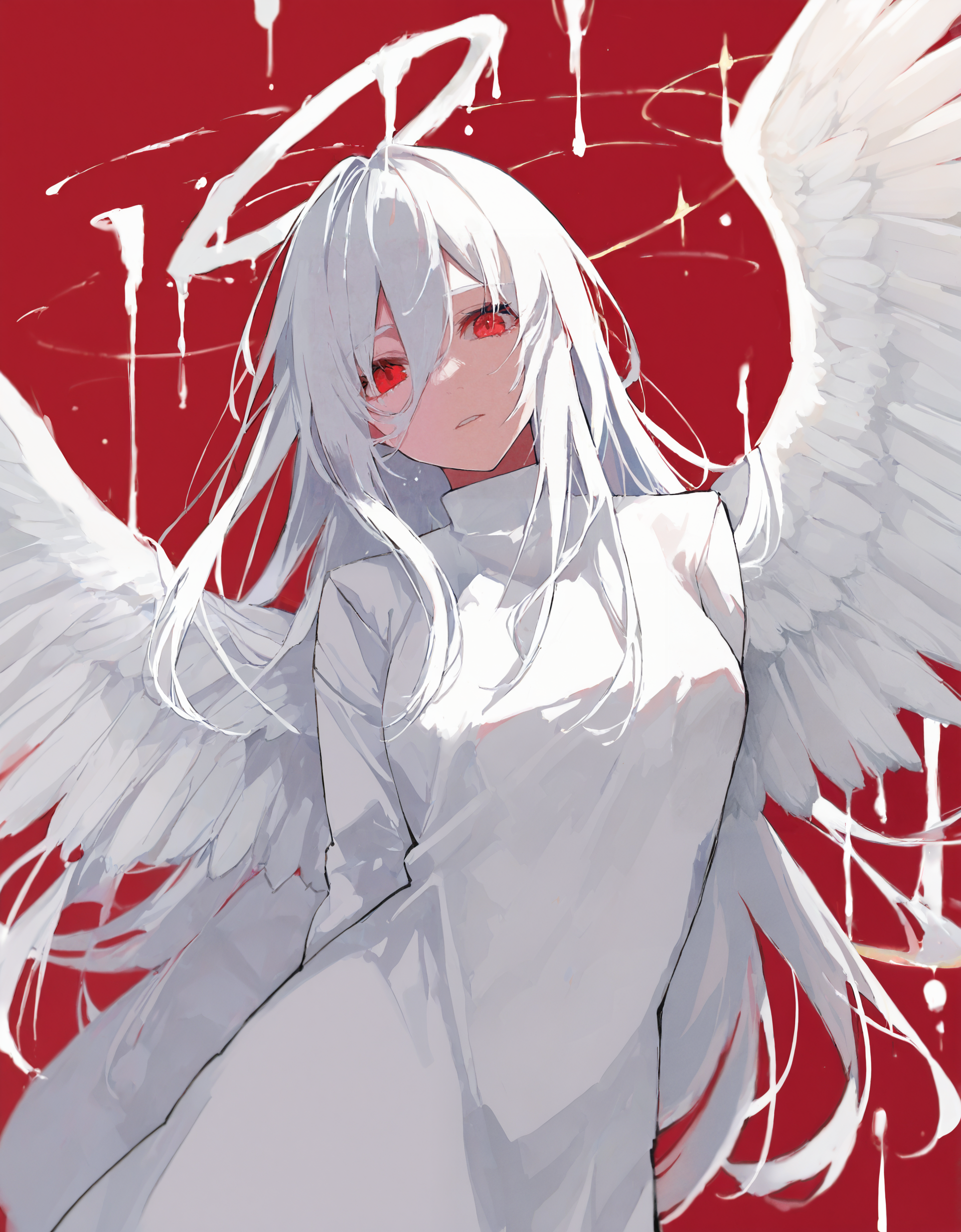 masterpiece, best quality, very aesthetic, absurdres, newest, <lora:69yottea_illu_v2:1>,69yotte4_illu,red background, 1girl,white hair, red eyes, halo,white wings, white paint, <lora:Abstract:0.6>,traditional media, painting \(medium\), film grain