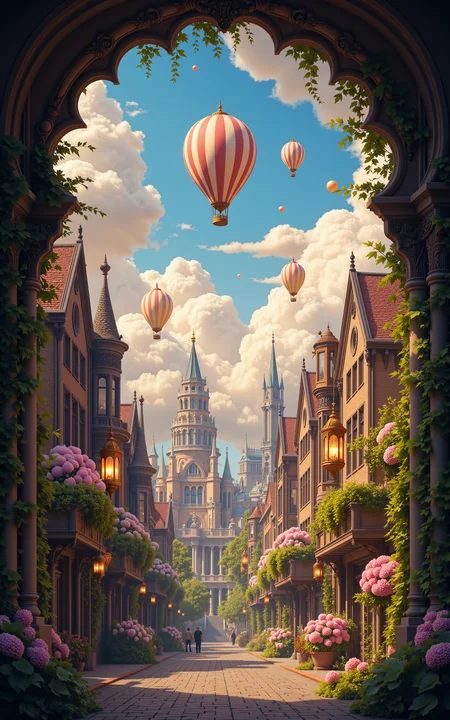 a whimsical steampunk cityscape viewed through a grand floral archway,intricate Victorian architecture lining a narrow avenue,floating airships adorned with hanging gardens and warm lanterns drifting among fluffy clouds,ivy and blooming pink hydrangeas framing the scene,no people,vivid style,
<lora:aidmaMJ6.1v0.4:0.6>,aidmaMJ6.1,<lora:AntiBlur:0.8>,