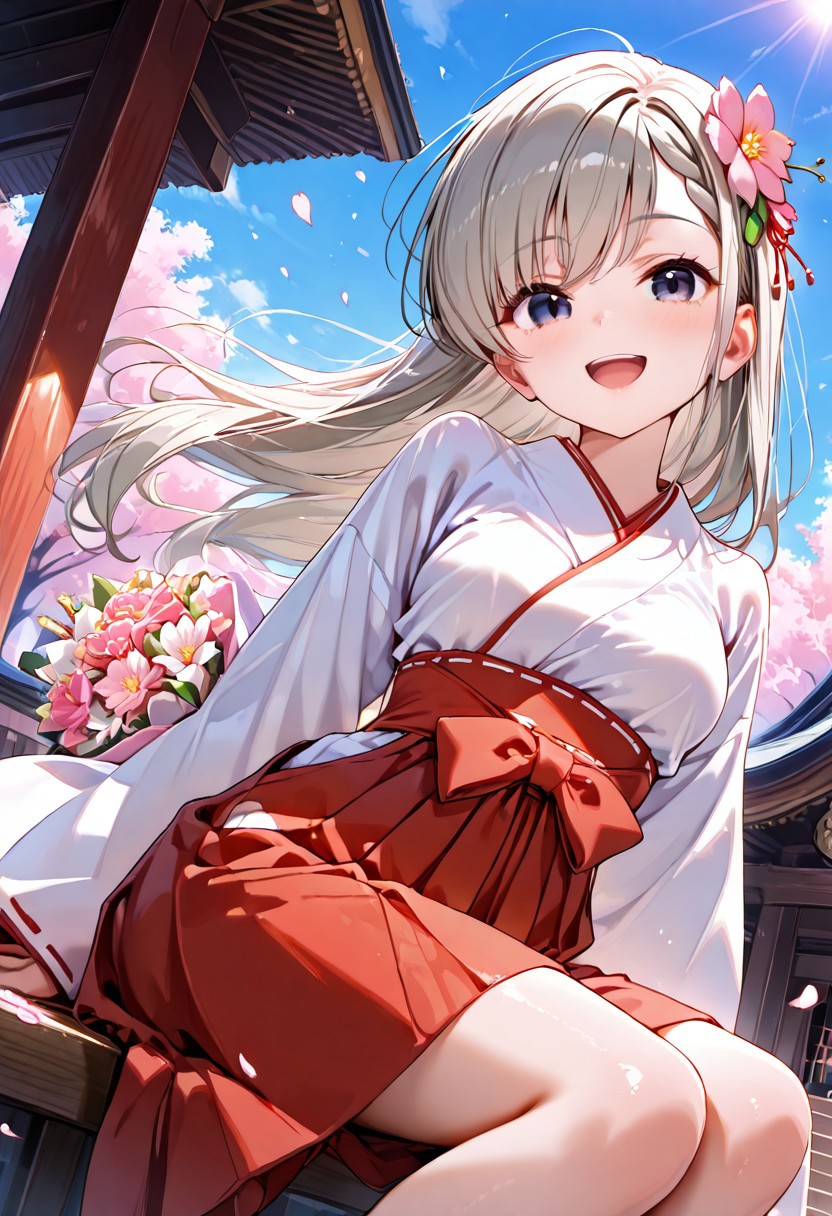 score_9, score_8_up, score_7_up, intricate detail, (masterpiece:1.2), (best quality:1.2), (very aesthetic:1.2), detailed background, ultra detailed, beautiful detailed, best quality, 4K, finely detailed, 
BREAK 
(dynamic angle), sitting, looking up
BREAK
(spring, cherry blossom, sunlight, outside, floating petals on wind, wind, floating hair:1.2, blue sky:1.2), park,
BREAK 
((shrine maiden clothes, miko)), (flower hair ornament), (grabbing bouquet:1.2) 
BREAK 
happy smile, cute smile, seductive smile, naughty face, open mouth
BREAK 
1 girl, (((hisakawa hayate:1.2))), middle breasts, (cute face), (cute girl), ((pretty girl)), Perfect Face, (round face), ((good figure)), ((petite:1.4)), ((young:1.2)). (realistic skin), (highly detailed skin), white skin, 
BREAK 
((slit pupils)), (catchlight eyes), ringed eyes, big eyes, cool eyes, intricate details, ultra-detailed face, detailed eyes, [pastel color inner hair], 
BREAK 
Expressive eyes, (gradient eyes), 
BREAK 
looking at viewer, shiny skin,