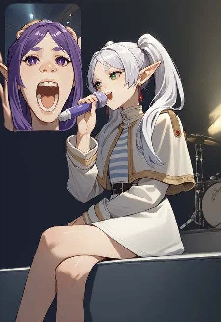 score_9, score_8_up, score_7_up, source_anime, FanScreamingMeme, open mouth, sitting, music, crossed legs, holding microphone, singing, <lora:FanScreamingAtMadisonBeer_XLPD:0.5>, 2girls, screen, phone,
BREAK <lora:ChamFernPonyXL:1> FernFrieren, purple eyes, purple hair, long hair, half updo, hair ornament,
BREAK <lora:ChamFrierenPonyXL:1>, FrierenBase, green eyes, white hair, long hair, twintails, earrings, white capelet, striped shirt, long sleeves, belt, white skirt, black pantyhose,
