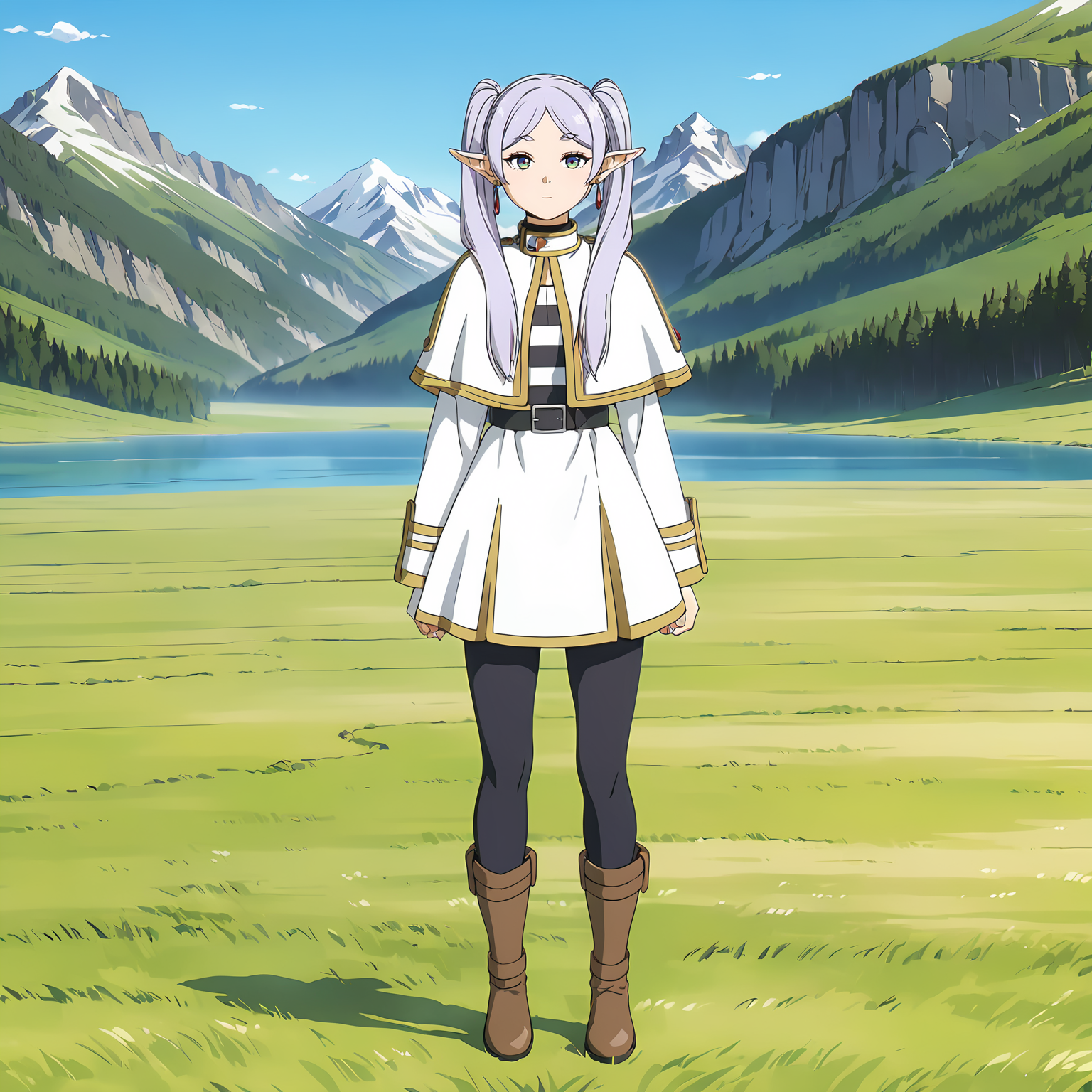 <lora:FrierenXL004>,<lora:DetailedEyes_V3:1.6>,
solo,
anime screencap,
best quality,masterpiece,
Frieren,1girl,light purple hair,twintails,multicolored eyes,earrings,
capelet,jacket,striped shirt,
belt,skirt,
pantyhose,
brown boots,
full body,standing,
grassland,sky,wind,nature,mountain,lake,