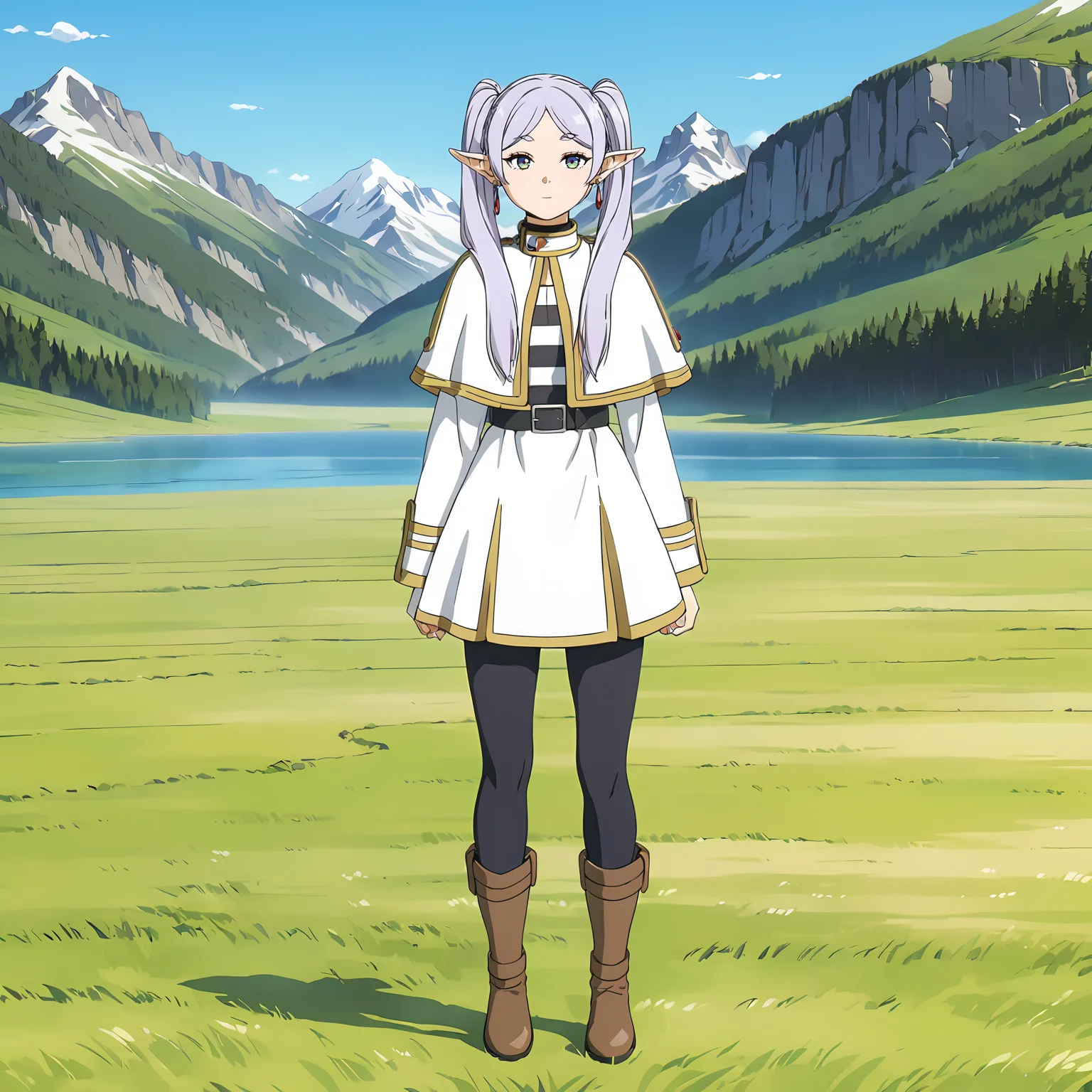 <lora:FrierenXL004>,<lora:DetailedEyes_V3:1.6>,
solo,
anime screencap,
best quality,masterpiece,
Frieren,1girl,light purple hair,twintails,multicolored eyes,earrings,
capelet,jacket,striped shirt,
belt,skirt,
pantyhose,
brown boots,
full body,standing,
grassland,sky,wind,nature,mountain,lake,