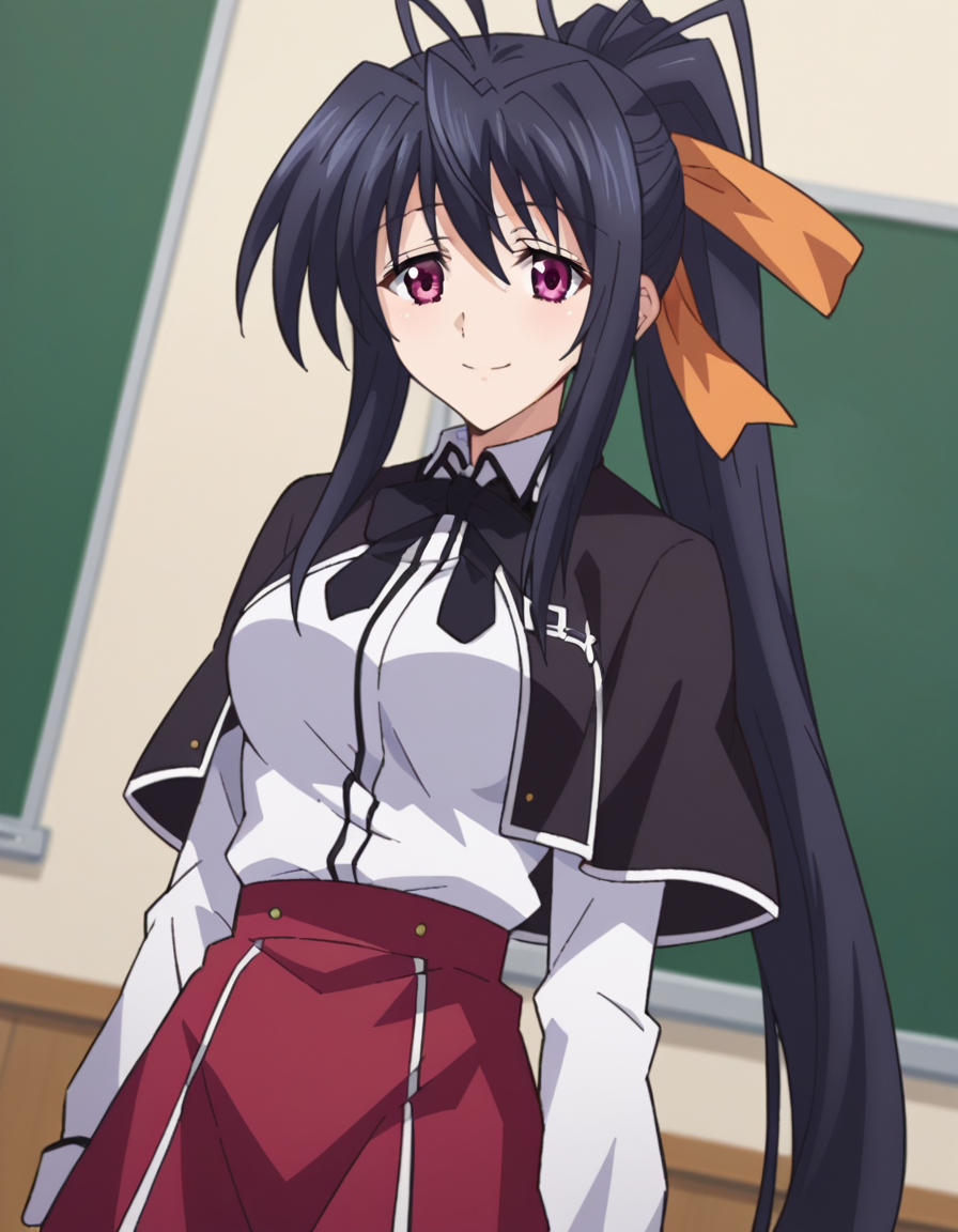 score_9, score_8_up, score_7_up, source_anime,
akenohimejima, <lora:akeno-himejima-ponyxl-lora-nochekaiser:1>,
akeno himejima, long hair, black hair, ribbon, very long hair, purple eyes, hair ribbon, ponytail, antenna hair, smile,
skirt, school uniform, shirt, white shirt, capelet, black capelet, long sleeves, red skirt,
indoors, classroom,
looking at viewer, dutch angle, cowboy shot,
