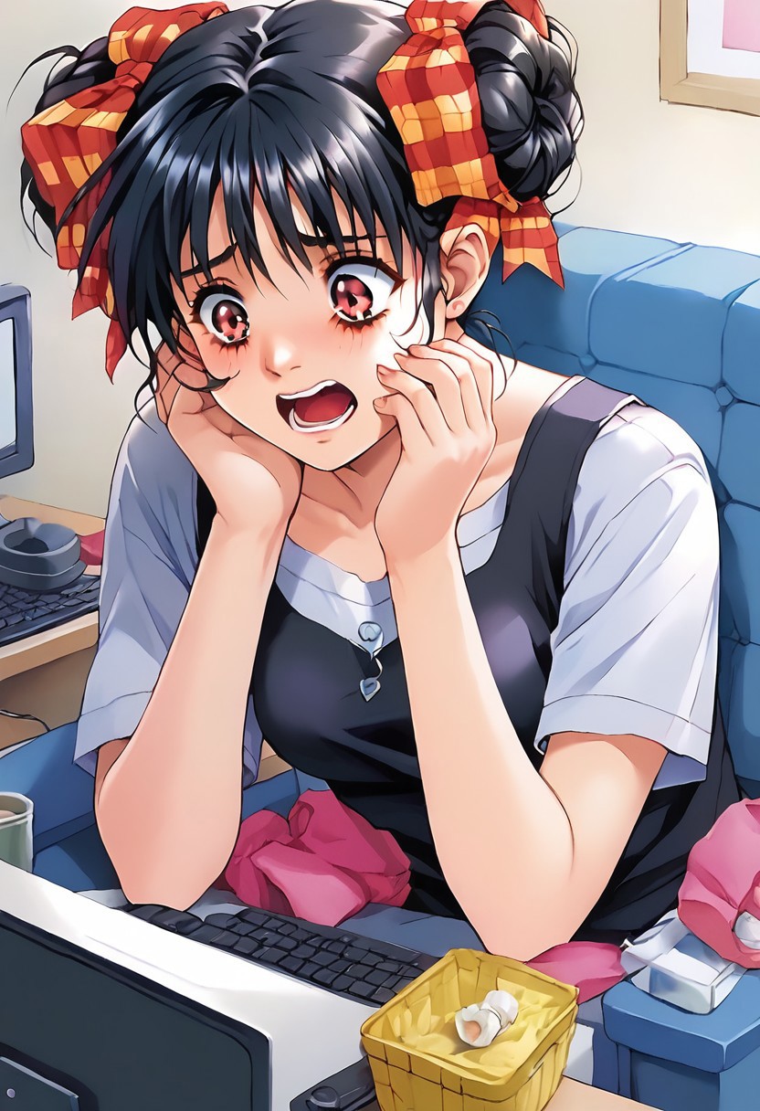 ASCII 1girl,<lora:pony_xl_narusawa:0.8>,narusawa,score_9,score_8_up,score_7_up,source_anime,black hair,
solo, 
a computer with monitor, looking at computer, scared,open mouth, terrified,hands in face,
 breasts<lora:breastsizeslideroffset:0.3>sitting, in the bedroom,